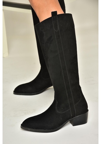 Fox Shoes T480142802 Siyah Süet Alçak Topuklu Kadın Çizme Siyah-süet