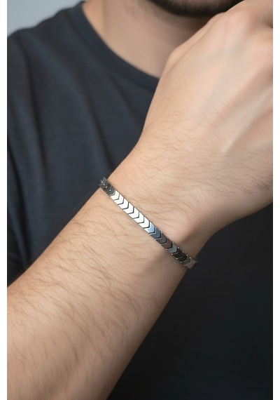 Valmont Accessories Hematit Taşlı Asansörlü Ayarlanabilir Gümüş Erkek Bileklik Modern Minimal Tasarım