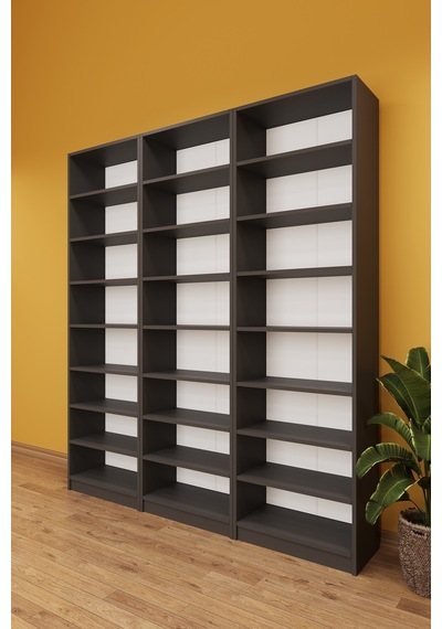 Asra Trend K-27 %100 MDF 180 cm 3 Modüllü Kitaplık 21 Raflı Dev Kütüphane Koyu Gri