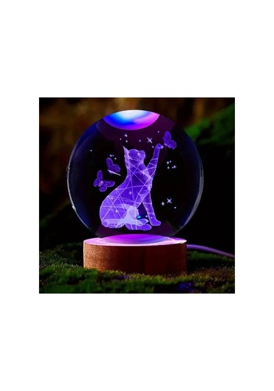 Kişiye Özel Işıklı Ahşap Kaideli Sevimli Kedi Figürlü Temalı Cam Küre 8cm
