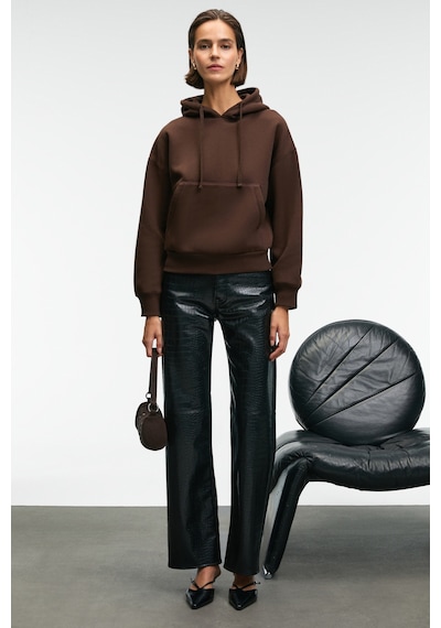 Grimelange SELENE Kadın Kapüşonlu Kangru Cepli Regular Fit Kahverengi Sweatshirt
