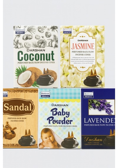 Darshan Ters Geri Akışlı Şelale Tütsü 5'li Set Coconut - Jasmine - Sandal - Baby Powder - Lavender