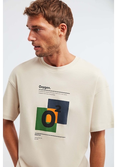 Grimelange Prısmatıc Erkek %100 Organik Pamuklu Özel Kalın Dokulu Nefes Alabilir Oversize Baskılı Bej T-shirt