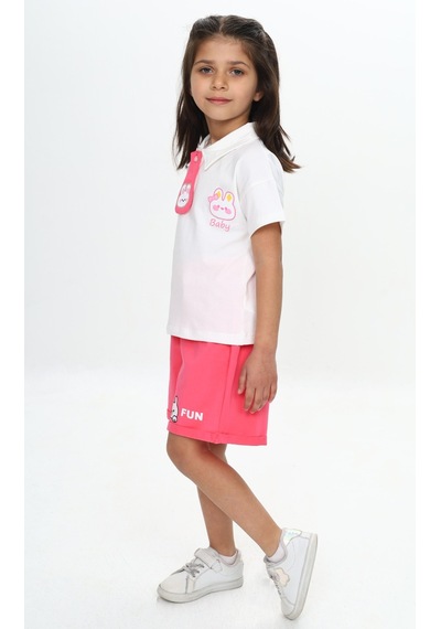 Toontoy Kids Toontoy Kız Çocuk Polo Yaka Göğsü Baskılı Şortlu Takım Fuşya