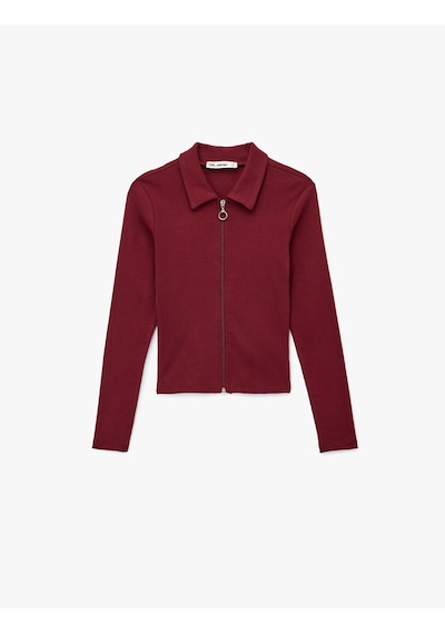 Koton Fermuarlı Slim Fit Gömlek Yaka Kaşkorse Uzun Kollu Tişört Bordo 6wal10120ık Bordo