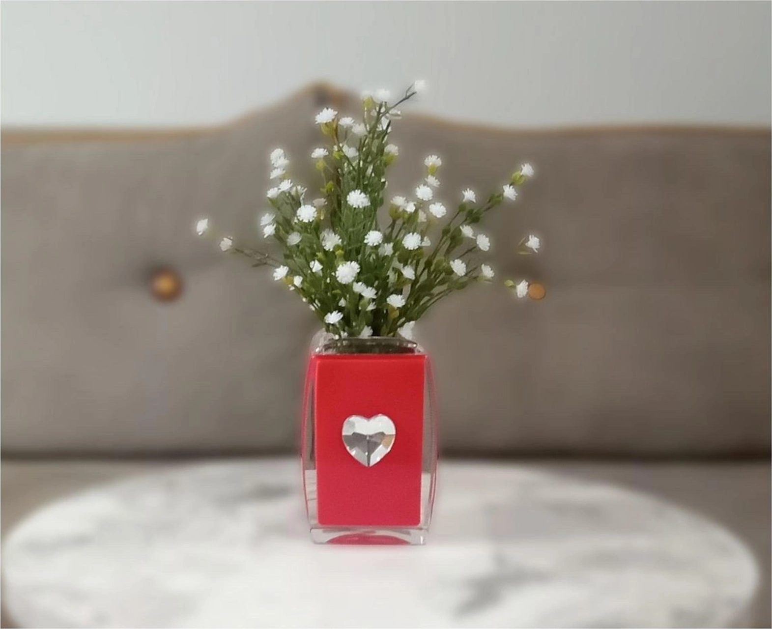 2 Adet Vazo Dahil,vazoda Çiçek,beyaz Yapay Çiçek,vazo Dekoratif Kristal Taşlı Kırmızı Kalpli 6x6x16cm Çok Renkli
