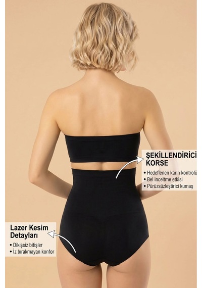 Bravie Siyah Lazer Kesim İz Yapmayan Dikişsiz Yüksek Bel Karın Slip Korse Kara