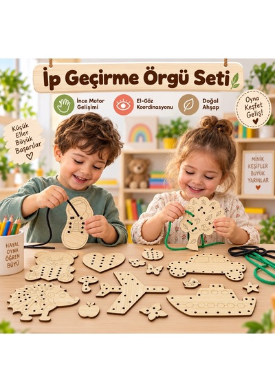 Eğitici Ahşap Ip Geçirme Örgü Seti 25 Parça Montessori El Kası Geliştirme