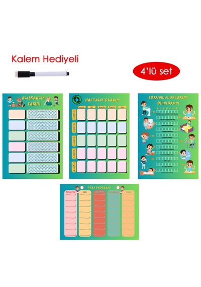 Çocuklar İçin Planlayıcı Set - Mavi Alışkanlık Takibi, Haftal...