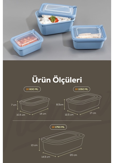 Vienev 3'lü Vip Dikdörtgen Mikrodalga Ve Difrize Uygun Saklama Kabı Seti Mavi 1x 1750,1050,600 Ml Mavi
