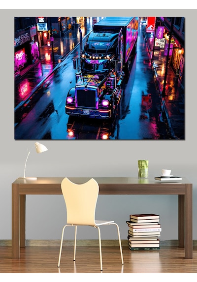 Neon Işıklar Ve Gece Şehri Dekoratif Kanvas - Mdf Ahşap Tablo