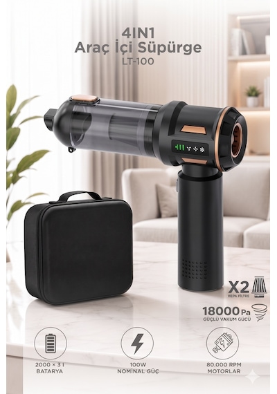 Araç İçi Süpürge 4 In 1 Çok Fonksiyonlu Şarjlı Mini Ev Kullanımı İçin El Süpürgesi Lt100 Siyah