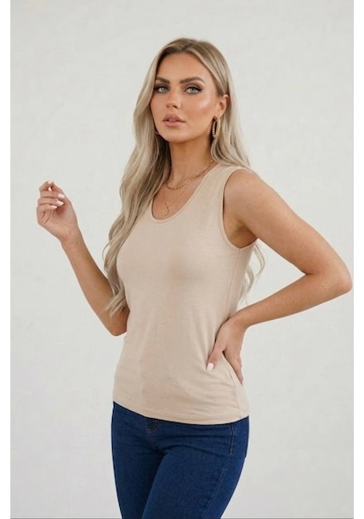 Hashtag Kadın Prenses Yaka Sıfır Kol Body Günlük Viskon Kumaş Bej