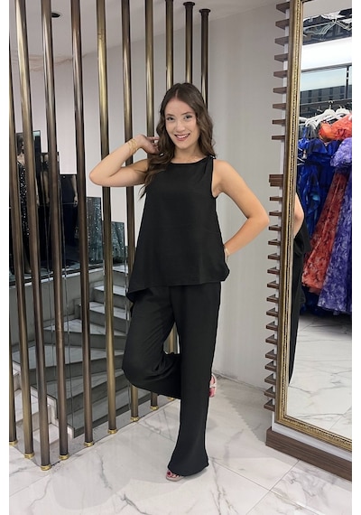 By Saygı Kadın Toka Detaylı Eteği Asimetrik Bluz Beli Lastikli Cepli Palazzo Pantolon Keten 2'li Takım Siyah By Saygı Kadın Toka Detaylı Eteği Asimetrik Bluz Beli Lastikli Cepli Palazzo Pantolon Keten 2'li Takım Siyah