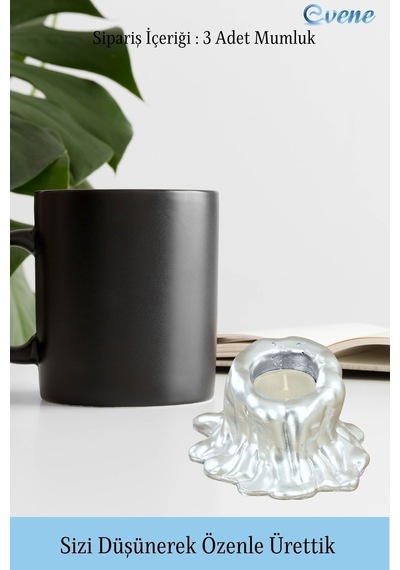 Mumluk Şamdan 3 Adet Tealight Uyumlu Üçlü Tüm Boylar Erimiş Mum Model - Gümüş