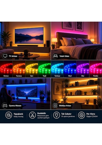 Rgb Led Şerit Seti, 16 Renk Kumandalı, Renk Değiştiren Led Aydınlatma, Adaptörlü Sb-6544 2.5 Metre