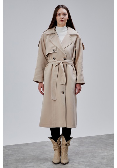 Kadın Oversize Astarlı Uzun Trençkot Vizon
