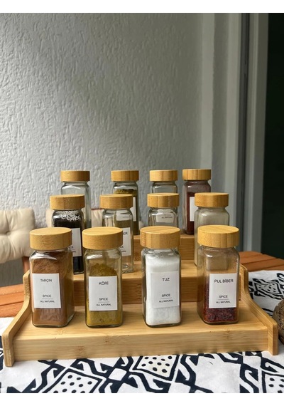 12 Li Bambu Kapaklı Cam Kare Etiketli Formlu Baharatlık Takımı Serpme Başlıklı Baharatlık Set Bej