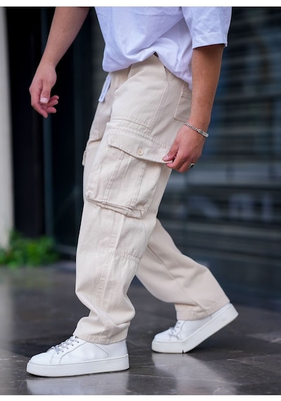 Erkek Kargo Cep Baggy Pantolon Rengi Krem