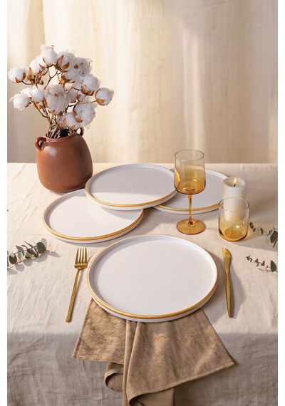 Keramika Mat Beyaz Gold Fileli Stackable Servis Tabağı 27 Cm 4 Adet