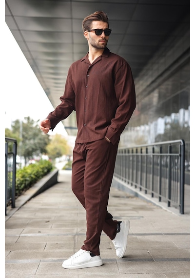 Madmext Kahverengi Düğmeli Basic Erkek Gömlek Pantolon Takım E7335 Kahverengi