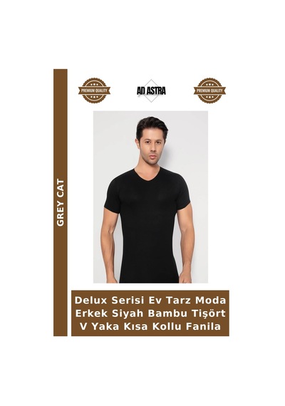 Grey Cat Delux Serisi Ev Tarz Moda Erkek Siyah Bambu Tişört V Yaka Kısa Kollu Fanila