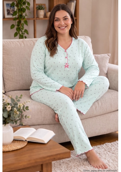 Seboteks Raporlu İnterlok Kumaş Yakası Düğmeli Kışlık Büyük Beden Kadın Pijama Takımı 2950 Yeşil