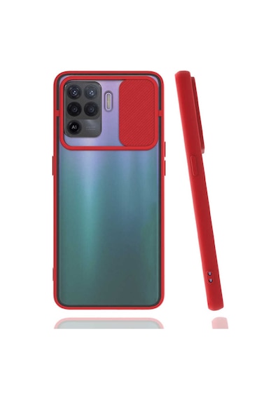 Noktaks - Oppo Reno 5 Lite Uyumlu - Kılıf Slayt Sürgülü Arkası Buzlu Lensi Kapak - Kırmızı
