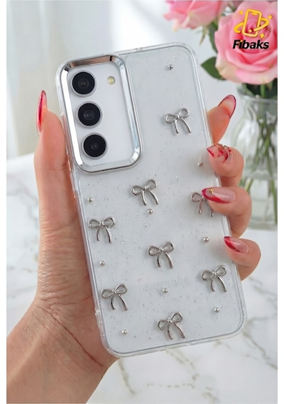 Fibaks Galaxy S23 Uyumlu Kılıf Fiyonk Desenli Şeffaf Simli Gümüş Kamera Çıkıntılı Parlak Kapak