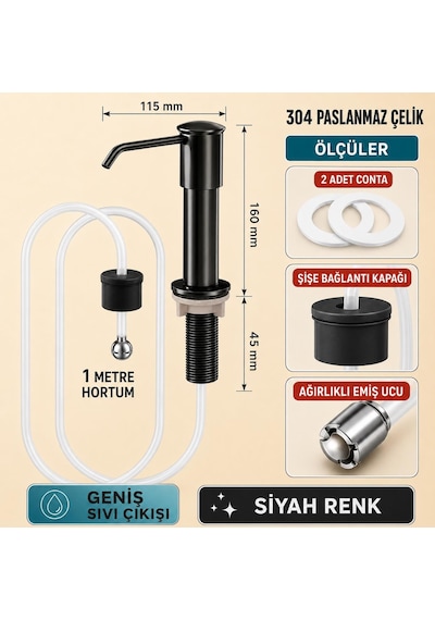 Valkyrie Siyah Ankastre Sıvı Sabunluk Bulaşık Deterjanı Pompası 304 Paslanmaz Çelik 1 Metre Hortumlu