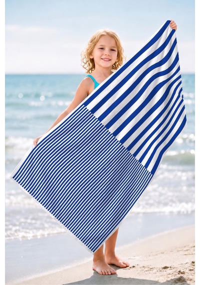 Çizgili Marine Mavi Beyaz Plaj Havlusu - Minimalist Nautical Modern Hızlı Kuruyan Mikrofiber Havlu Çok Renkli