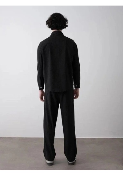 Erkek Teenage Oversize Çizgili Gömlek Pantolon Takım-15545 Siyah