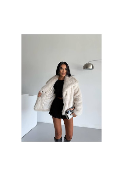 Asur Boutique Asur Butik Kadın Çıt Çıtlı Kalın Suni Kürk Bej