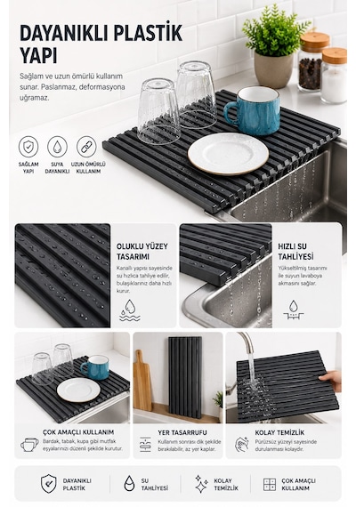 Sas Haus Plastik Pratik Lavabo Tezgah Üstü Bulaşık Kurutmalığı Siyah 35 X 45 S-10145