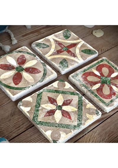 Doğaltaş Bardak Altlığı 4'lü Set - Eskitme Desenli Doğal Taş Bardak Altı Çok Renkli