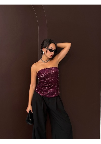 Verymoda Arkadan Fermuarlı Straplez Payet Bluz F2056 Mürdüm