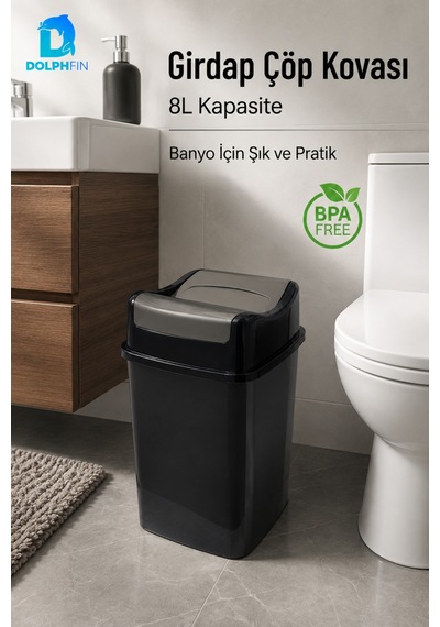Girdap 8 Litre Sallanır Kapaklı Çöp Kovası Mutfak Banyo Ofis Siyah Füme