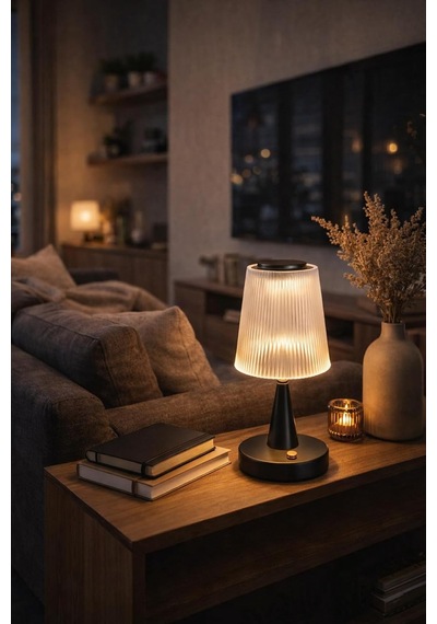 3 Renkli Dokunmatik Şarjlı Masa Lambası, Led Işıklı Dekoratif Abajur, Siyah, 15 X 31 Cm Diğer