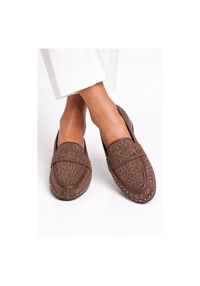 Mery Ceyn Taşlı Küt Kare Loafer Şık Babet Kahverengi