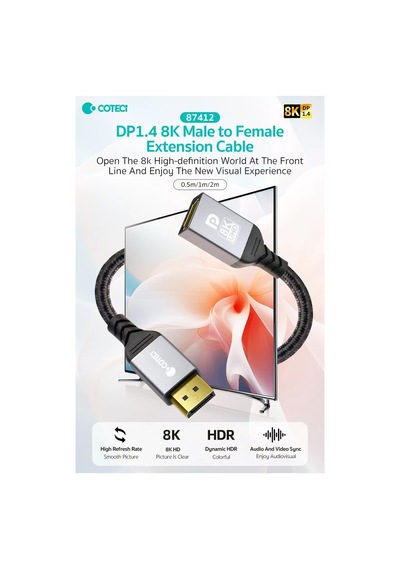 Erkek Displayport To Dişi Displayport Uzatma Kablosu 2 Metre - 8k 60hz / 4k 165hz Dp 1.4 Dönüştürücü