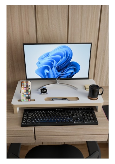 Ergonomik Mdf Monitör Standı Ekran Yükseltici Masaüstü Düzenleyici Organizer Telefon-bardak Bölmeli