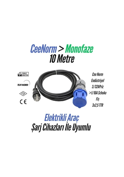 Bemis Cee Norm 16a Ev Şarj Uzatma Kablosu Monofaze 10 Metre 3,7 Kw 1/16a Fiş 3/32a Priz 3x2,5 Ttr 1/16a Fiş 3/32a Priz 3x2,5 Ttr