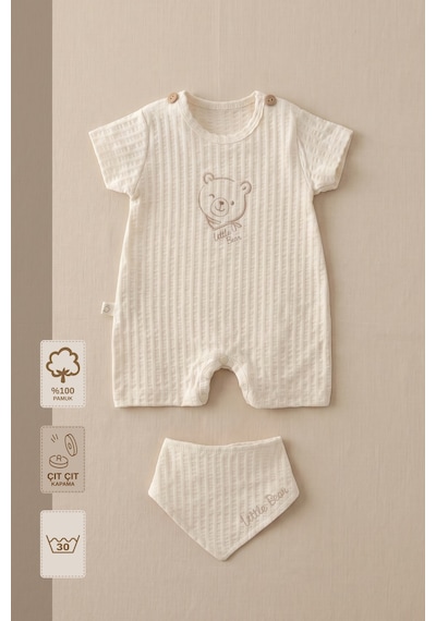 Minory Baby - %100 Pamuk Müslin Bebek Tulum Seti Ayı Nakışlı Fular Önlüklü Bej Bej