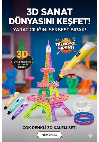 3d Kalem Seti Sarı Dijital Göstergeli + 3 Renk Filament  Eğitici Yazıcı Abs/pla Uyumlu