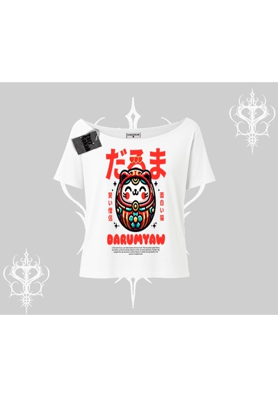 Tarzsokak Kayık Yaka Tshirt Daruma Kedi Anime Baskılı Beyaz
