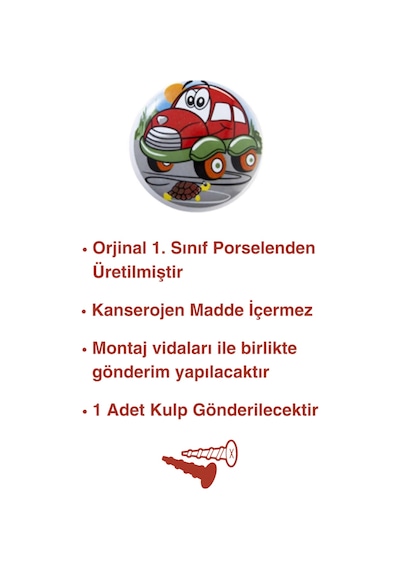 Porselen Araba Çocuk Odası Mobilya Kulbu - Tekli Düğme - Dolap ve Çekmece Kulpu Kırmızı