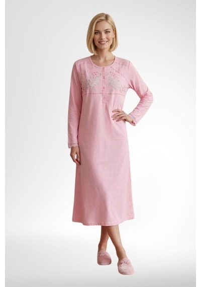 Mecit Pijama Mecit 6373 Pembe Kadın %100 Pamuk Uzun Kollu Gecelik