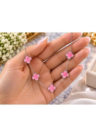 Terragolds Çelik Zincir Gümüş Renk Pembe Baby Boy Yonca Kadın Kolye - Bko10575