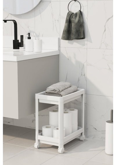 Mithra Life 2 Katlı Tekerlekli Tezgah Altı Beyaz Banyo Mutfak Rafı Mıt1119 Beyaz