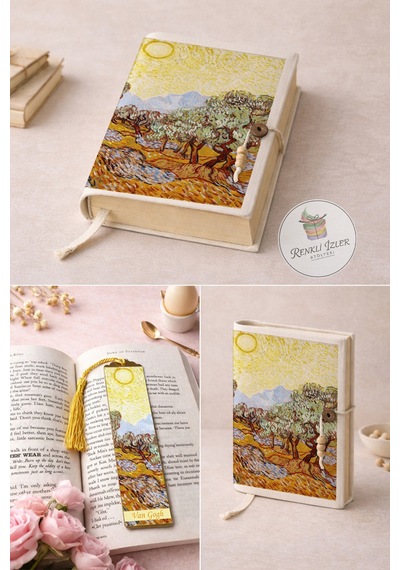 Kitap Kılıfı Ve Metal Kitap Ayracı Seti Van Gogh Zeytin Ağaçları